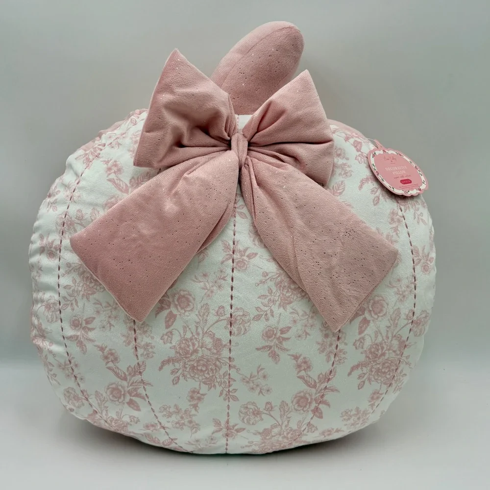 Loire Valley Maison Pink Floral Toile Pumpkin Decorative Pillow Velvet Bow NEW